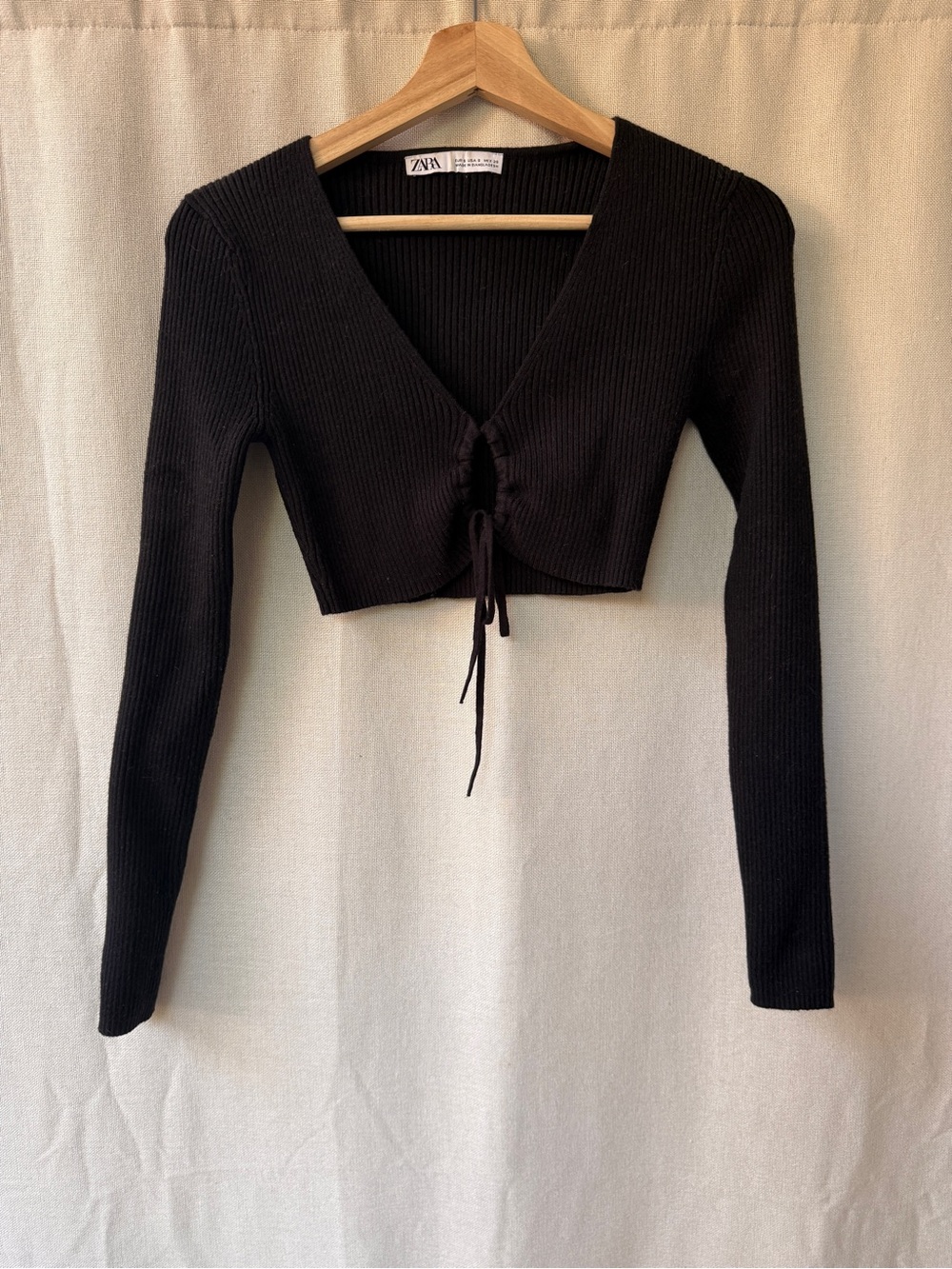 ZARA Black Ribbed Long-Sleeve Drawstring Crop Top